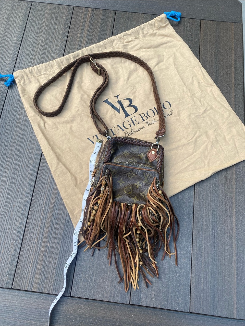Vintage Boho Brown LV Monogram Fringe Crossbody with Braided Strap